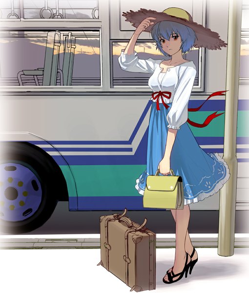 Anime picture 850x1000 with neon genesis evangelion gainax ayanami rei masao single tall image looking at viewer short hair red eyes blue hair wind high heels girl dress ribbon (ribbons) hat shoes ground vehicle straw hat handbag