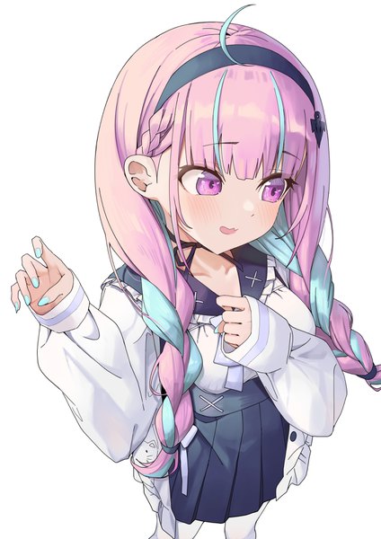 Anime picture 2480x3508 with virtual youtuber hololive minato aqua minato aqua (sailor) syhan single long hair tall image highres simple background white background purple eyes payot looking away pink hair ahoge braid (braids) nail polish multicolored hair from above