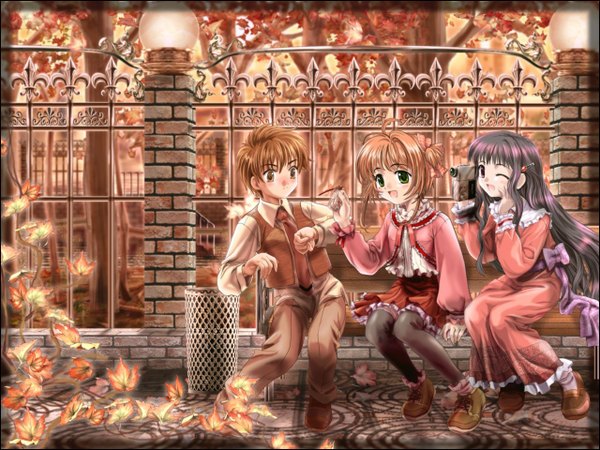 Anime picture 1280x960 with card captor sakura clamp kinomoto sakura daidouji tomoyo li xiaolang mutsuki (moonknives) brown hair brown eyes green eyes two side up autumn recording leaf (leaves) camcorder dragonfly