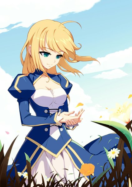 Anime picture 827x1169 with fate (series) fate/stay night type-moon artoria pendragon (all) saber vmax-ver (a3eilm2s2y) single long hair tall image fringe blue eyes blonde hair smile sky cloud (clouds) ahoge head tilt wind sunlight puffy sleeves