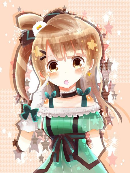 Anime picture 863x1149 with love live! school idol project sunrise (studio) love live! minami kotori tagme (artist) single long hair tall image looking at viewer blush fringe open mouth brown hair bare shoulders brown eyes one side up shiny surprised girl dress