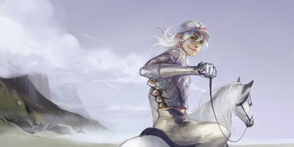 Anime picture 1600x800 with jojo no kimyou na bouken diego brando ocean (pixiv) long hair wide image green eyes sky cloud (clouds) white hair looking back scar riding boy gloves animal flat cap horse