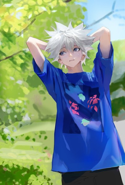 Anime picture 1380x2048 with hunter x hunter killua zaoldyeck et atr3 single tall image fringe short hair blue eyes hair between eyes looking away sky silver hair outdoors parted lips arms up from below short sleeves arms behind head spiked hair sketch