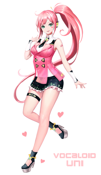 Anime picture 570x979 with vocaloid uni (vocaloid) phonic single tall image looking at viewer breasts simple background smile standing white background bare shoulders green eyes pink hair ahoge very long hair nail polish tattoo high heels character names