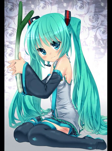 Anime picture 870x1176 with vocaloid hatsune miku chimuchimu (drowandpaint) single tall image looking at viewer blush sitting twintails very long hair aqua eyes aqua hair girl skirt detached sleeves thigh boots vegetables leek