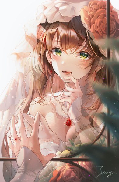 Anime picture 783x1200 with original develop2 single long hair tall image looking at viewer blush fringe breasts open mouth hair between eyes brown hair green eyes signed payot cleavage upper body head tilt :d hair flower