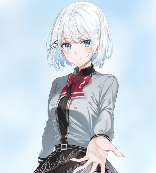 Anime picture 1083x1200 with tantei wa mou shindeiru siesta (tantei wa mou shindeiru) sayuuiede single tall image looking at viewer blush fringe short hair blue eyes smile upper body white hair outstretched hand girl hair ornament bowtie bobby pin x hair ornament