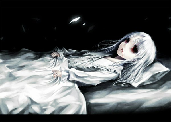 Anime picture 1050x750 with sound horizon lastdark (artist) single long hair highres open mouth simple background red eyes white hair tears black background dark background letterboxed pale skin girl ribbon (ribbons) pillow bed blood feather (feathers)