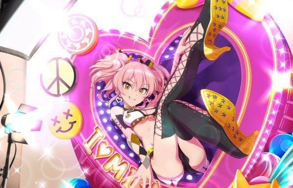 Anime picture 1280x824 with idolmaster idolmaster cinderella girls idolmaster cinderella girls starlight stage jougasaki mika annindoufu (oicon) single looking at viewer fringe short hair breasts light erotic smile hair between eyes large breasts twintails yellow eyes pink hair official art teeth sparkle