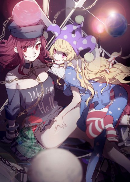 Anime picture 1000x1405 with touhou clownpiece hecatia lapislazuli no-kan long hair tall image light erotic blonde hair smile red eyes bare shoulders multiple girls cleavage ass red hair pink eyes shoujo ai girl 2 girls hat
