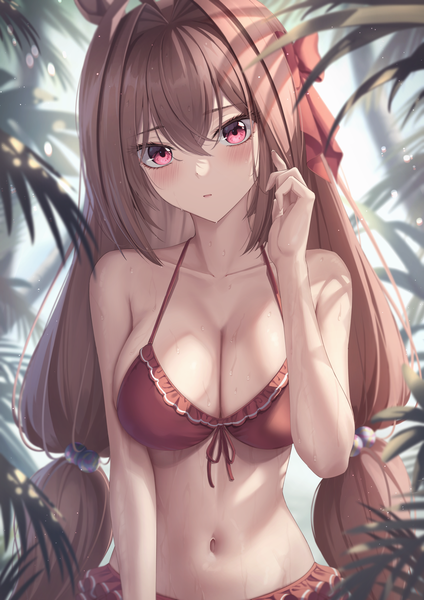 Anime picture 1400x1980 with umamusume daiwa scarlet (umamusume) daiwa scarlet (trifle vacation) (umamusume) marinesnow single long hair tall image looking at viewer blush fringe breasts light erotic hair between eyes brown hair large breasts standing twintails animal ears payot outdoors