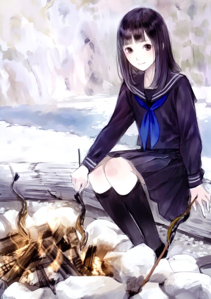 Anime picture 2454x3476 with traditional white (artbook) kishida mel single long hair tall image looking at viewer fringe highres black hair sitting brown eyes outdoors pleated skirt river cooking girl skirt uniform animal socks