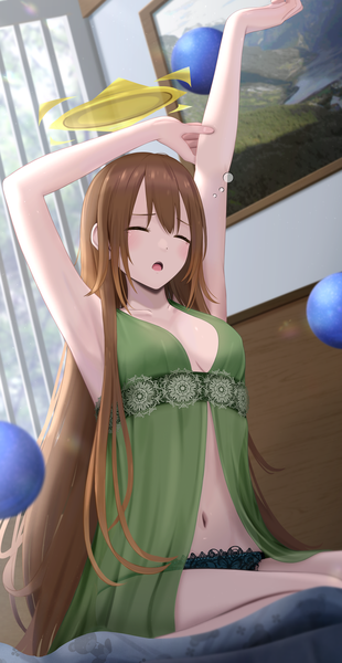 Anime picture 1626x3151 with original inaka 44 single long hair tall image fringe breasts open mouth light erotic brown hair sitting indoors eyes closed arms up armpit (armpits) waking up girl underwear panties halo