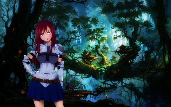 Anime picture 1920x1200 with fairy tail erza scarlet sal-88 altair-ezio single long hair blush highres red eyes red hair sunlight hand on hip coloring photo background girl skirt plant (plants) miniskirt tree (trees) armor