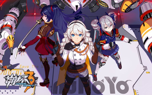 Anime picture 1920x1200 with honkai impact 3rd benghuai xueyuan honkai (series) raiden mei kiana kaslana bronya zaychik project bunny tagme (artist) long hair looking at viewer fringe highres short hair breasts blue eyes hair between eyes large breasts twintails purple eyes multiple girls