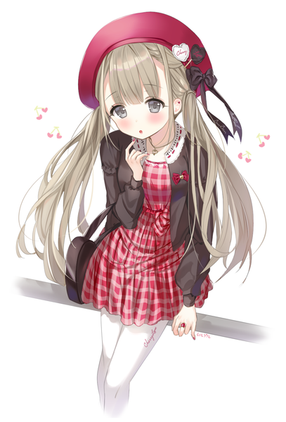 Anime picture 1000x1474 with original haruri single long hair tall image blush fringe hair between eyes brown hair white background twintails nail polish from above open jacket :o loli grey eyes low twintails plaid girl