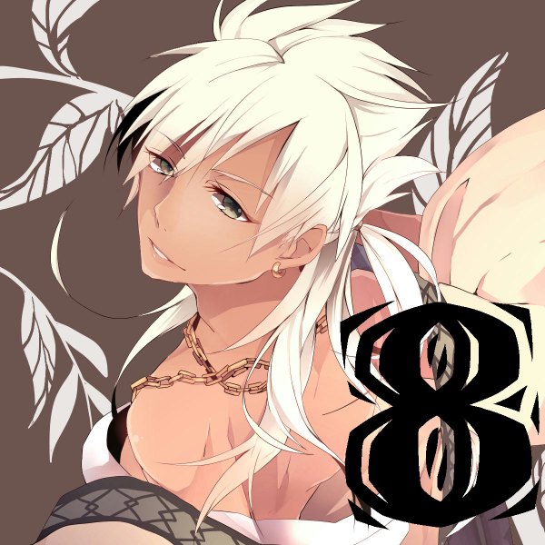 Anime picture 1200x1200 with magi the labyrinth of magic a-1 pictures sharrkan mihatarou single long hair simple background bare shoulders green eyes white hair dark skin brown background boy earrings chain