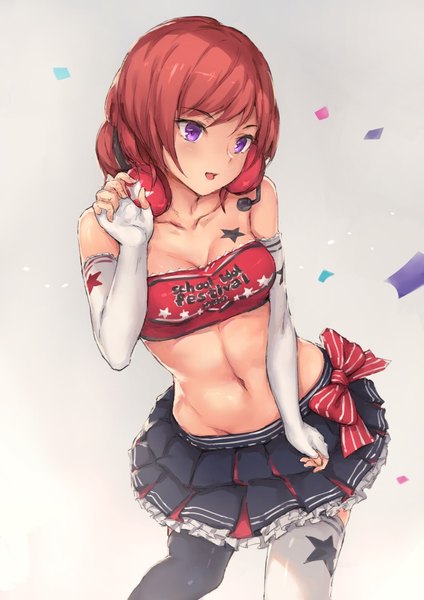 Anime-Bild 742x1050 mit love live! school idol project sunrise (studio) love live! nishikino maki parfaitlate single tall image fringe short hair light erotic simple background smile purple eyes bare shoulders looking away cleavage red hair pleated skirt inscription grey background