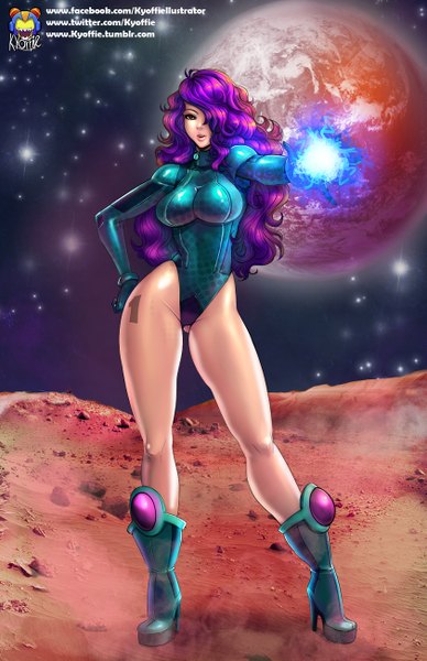 Anime picture 841x1300 with original kyoffie12 single long hair tall image fringe light erotic purple hair lips hair over one eye high heels legs wavy hair glow girl navel bodysuit planet android