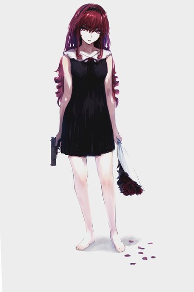 Anime picture 1000x1500 with original nimirom single long hair tall image looking at viewer fringe simple background red eyes standing red hair barefoot grey background bare legs no shoes drill hair girl dress flower (flowers) weapon