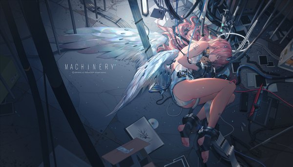 Anime picture 2100x1200 with original mivit single long hair highres light erotic wide image holding pink hair bent knee (knees) lying eyes closed from above tattoo text on side flat chest angel wings toenails girl