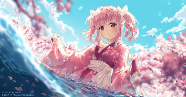 Anime picture 1300x680 with original rosuuri single looking at viewer blush fringe short hair breasts open mouth red eyes wide image twintails payot pink hair cleavage cloud (clouds) upper body long sleeves traditional clothes head tilt