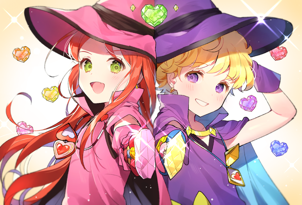 Anime picture 1772x1205 with sugar sugar rune studio pierrot chocolat meilleure vanilla mieux azit (down) long hair looking at viewer blush fringe highres short hair open mouth simple background blonde hair smile purple eyes multiple girls holding green eyes upper body