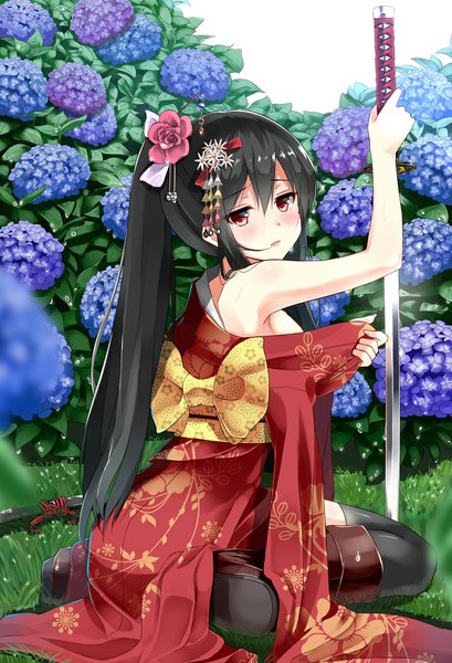 Anime picture 750x1100 with original warirui single long hair tall image looking at viewer blush open mouth black hair red eyes ponytail traditional clothes japanese clothes hair flower girl thighhighs hair ornament flower (flowers) bow weapon
