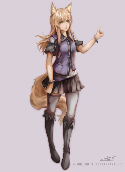 Anime picture 593x810 with aionlights single long hair tall image fringe breasts blonde hair signed animal ears yellow eyes tail animal tail pleated skirt lips fox ears outstretched arm fox tail fox girl looking up walking