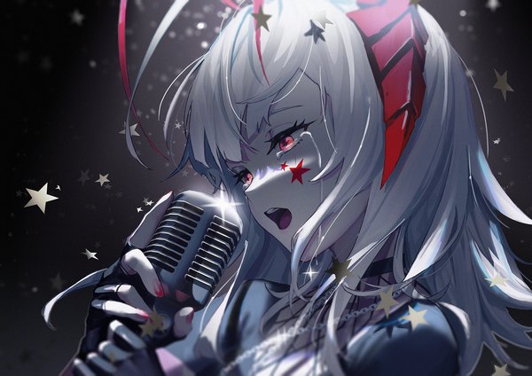 Anime picture 1697x1200 with arknights w (arknights) ttk (kirinottk) single long hair fringe open mouth simple background red eyes holding looking away silver hair upper body nail polish horn (horns) fingernails tears facial mark black background alternate hairstyle