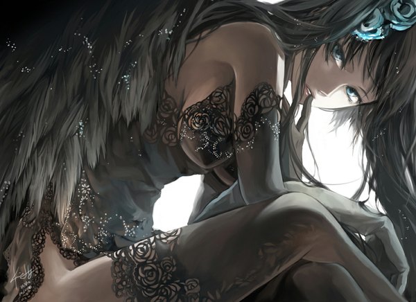 Anime picture 1138x828 with vocaloid hatsune miku rahwia long hair blue eyes light erotic black hair cleavage hair flower girl thighhighs gloves hair ornament black thighhighs wings elbow gloves