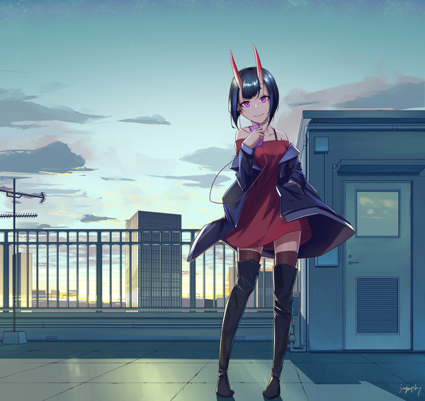 Anime picture 3708x3500 with fate (series) fate/grand order shuten douji (fate) sawarineko single looking at viewer fringe highres short hair light erotic smile standing bare shoulders holding signed blue hair absurdres sky cloud (clouds) full body