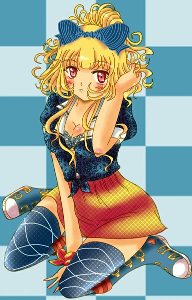 Anime picture 514x800 with shinami aya single tall image blush fringe short hair breasts light erotic blonde hair red eyes sitting looking away cleavage parted lips arm support wariza girl thighhighs skirt bow
