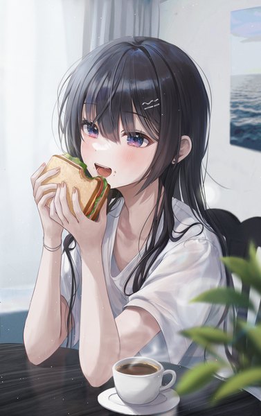 Anime picture 2643x4205 with original myowa single long hair tall image looking at viewer blush fringe highres open mouth black hair hair between eyes sitting purple eyes holding indoors :d blurry wide sleeves eating