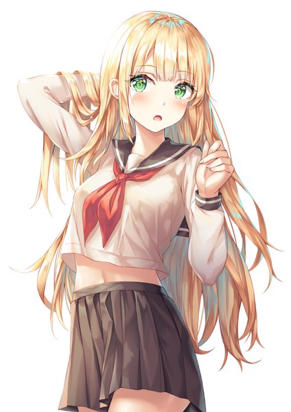 Anime picture 4960x7016 with original kokose single long hair tall image looking at viewer blush fringe highres breasts open mouth simple background blonde hair standing white background green eyes absurdres blunt bangs long sleeves pleated skirt