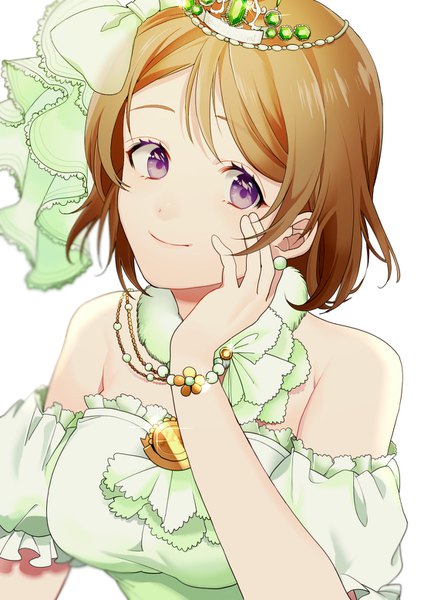 Anime picture 1100x1556 with love live! school idol project sunrise (studio) love live! koizumi hanayo mihatarou single tall image looking at viewer short hair simple background smile brown hair white background purple eyes bare shoulders upper body hand on cheek girl dress hair ornament