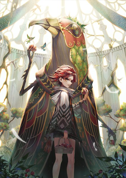 Anime picture 1670x2362 with original sho (sumika) single tall image looking at viewer short hair standing holding brown eyes red hair parted lips looking back wind piercing turning head ear piercing slit pupils girl plant (plants) animal