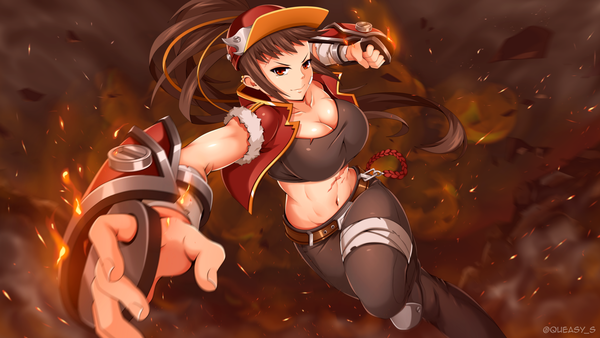 Anime picture 1920x1080 with maplestory maplestory 2 striker (maplestory 2) queasy s single long hair looking at viewer fringe highres breasts light erotic smile red eyes brown hair wide image large breasts signed payot cleavage ponytail