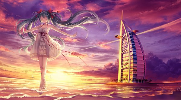 Anime picture 1000x556 with vocaloid hatsune miku tidsean single wide image twintails sky cloud (clouds) eyes closed very long hair aqua hair evening sunset spread arms girl dress bow hair bow sea sundress