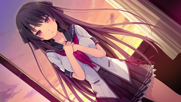 Anime picture 2560x1440 with ao no kanata no four rhythm sprite (company) tobisawa misaki akinashi yuu single long hair looking at viewer blush fringe highres breasts black hair wide image standing payot game cg sky cloud (clouds) outdoors indoors