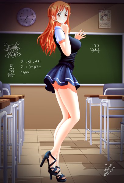 Anime picture 2375x3500 with one piece toei animation nami (one piece) monkey d. luffy brayan aguilar single long hair tall image looking at viewer blush fringe highres breasts light erotic smile large breasts standing brown eyes signed payot