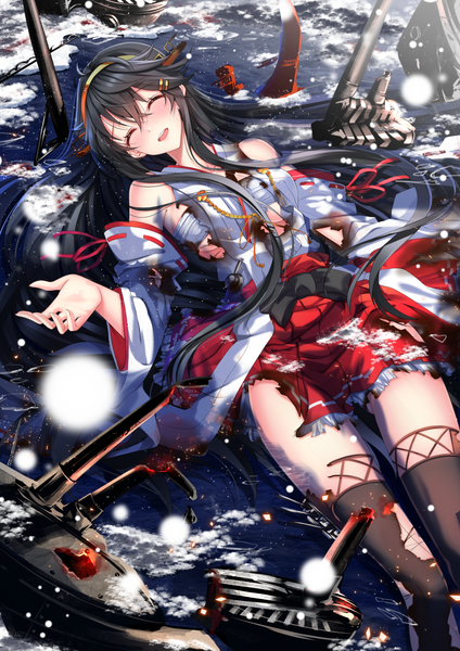 Anime picture 1102x1560 with kantai collection haruna battleship swordsouls single long hair tall image blush breasts open mouth light erotic black hair smile bare shoulders lying eyes closed traditional clothes japanese clothes teeth on back dutch angle