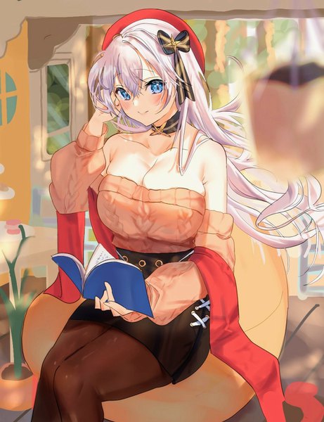 Anime picture 1000x1300 with azur lane belfast (azur lane) belfast (shopping with the head maid) (azur lane) jinbei (user tpny4757) single long hair tall image looking at viewer blush fringe breasts blue eyes light erotic smile hair between eyes large breasts sitting holding cleavage silver hair