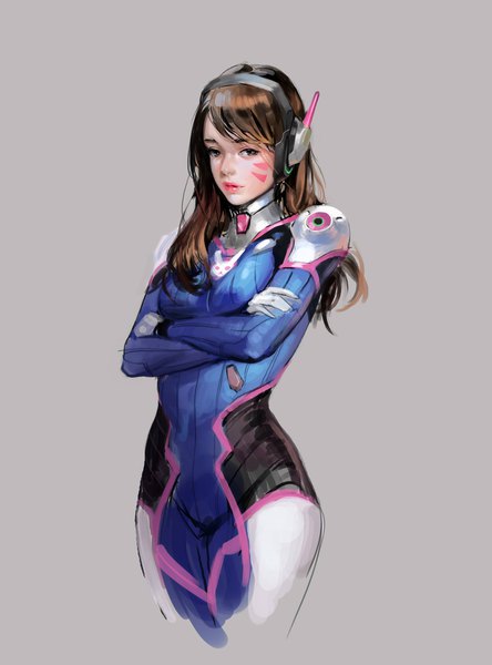 Anime picture 1516x2048 with overwatch blizzard entertainment d.va (overwatch) j. won han single long hair tall image looking at viewer simple background brown hair brown eyes lips realistic grey background facial mark crossed arms whisker markings face paint sketch girl