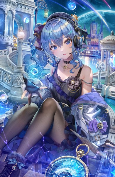Anime picture 1200x1835 with virtual youtuber hololive hoshimachi suisei torino aqua single tall image looking at viewer blush fringe short hair open mouth blue eyes hair between eyes sitting blue hair nail polish head tilt night open jacket night sky