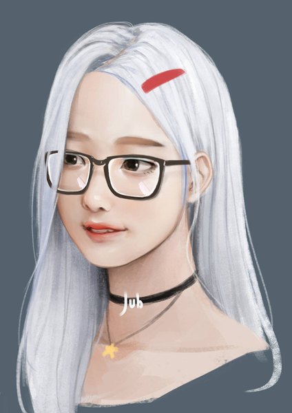Anime picture 1191x1684 with original mio (jubi) jubi (regiana) single long hair tall image brown eyes signed looking away white hair parted lips light smile realistic grey background lipstick portrait red lipstick girl choker glasses