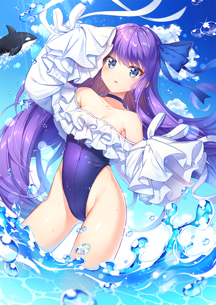 Anime picture 800x1132 with fate (series) fate/grand order meltryllis (fate) meltryllis (swimsuit lancer) (fate) pine (angel4195202) single long hair tall image blue eyes light erotic sky purple hair cloud (clouds) partially submerged highleg girl ribbon (ribbons) swimsuit hair ribbon animal