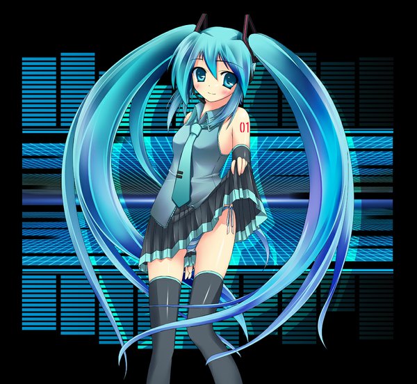 Anime picture 1000x920 with vocaloid hatsune miku umitsubame single blush blue eyes light erotic twintails bare shoulders blue hair very long hair pantyshot skirt lift girl thighhighs black thighhighs detached sleeves necktie headphones
