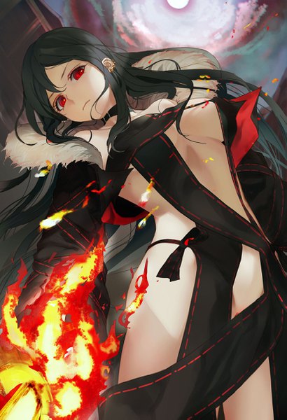 Anime picture 1654x2421 with fate (series) fate/grand order yu mei-ren (fate) me/r single long hair tall image looking at viewer fringe breasts light erotic black hair hair between eyes red eyes large breasts holding payot sky cloud (clouds) head tilt
