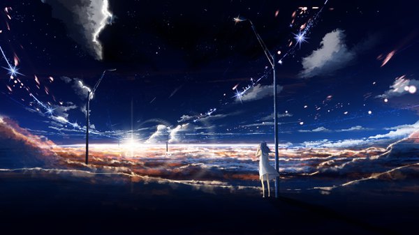 Anime picture 2560x1440 with original y y (ysk ygc) single long hair highres black hair wide image sky cloud (clouds) wind sparkle wallpaper lens flare evening sunset horizon landscape girl dress sundress